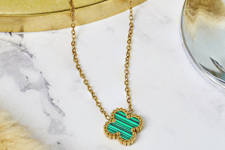 Green Flower Pendant Necklace in Yellow Gold Plated